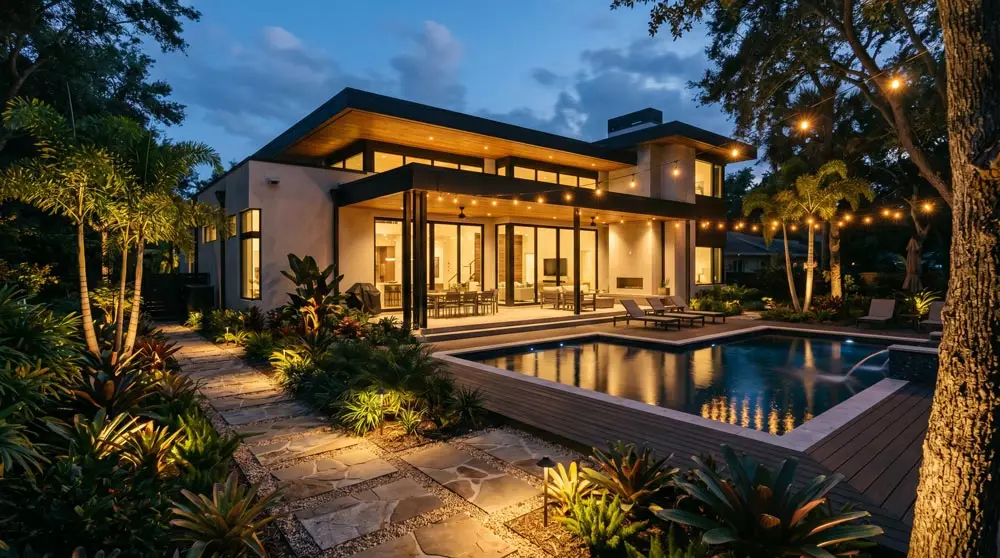 The backyard of a beautiful home showcasing a variety of landscape lighting