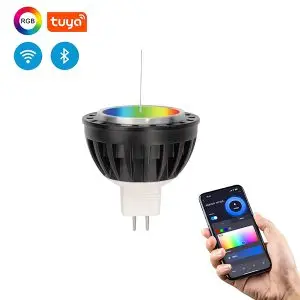 An MR16 6 watt LED lamp with smart color changing options via wireless connectivity, as denoted by a hand holding a phone with the options available visible on screen at the bottom right and icons showing the various functionalities in the top left of the image.