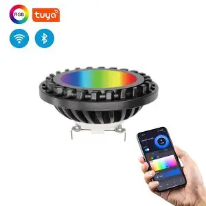 A PAR36 LED lamp with smart color changing options via wireless connectivity, as denoted by a hand holding a phone with the options available visible on screen at the bottom right and icons showing the various functionalities in the top left of the image.
