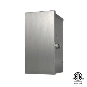 A stainless steel 150 watt transformer, shown at an angle.