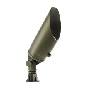 A die-cast brass spot light with an adjustable shroud angled upward.