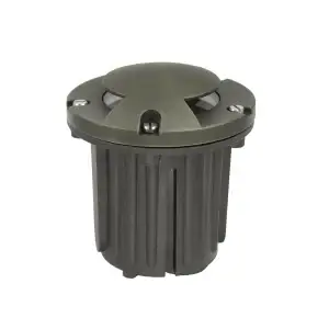 die-case brass in-ground well light with bronze well finish and Non-corrosive polymer body standing up right with 2 spaces open on each side for light.