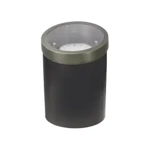 die-cast brass in-ground well light with bronze finish with a beveled lens and a and a Non-Corrosive Polymer body standing upright.