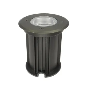 An in-ground well light with an adjustable gimble, watertight gaskets and a corrosion-resistant PVC sleeve, finished in bronze.