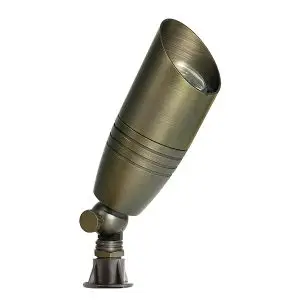 Bronze-colored outdoor spotlight with adjustable base, shown angled upward on a white background.
