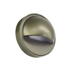 die-cast brass deck light with bronze finish has hooded top with clear lens facing down.