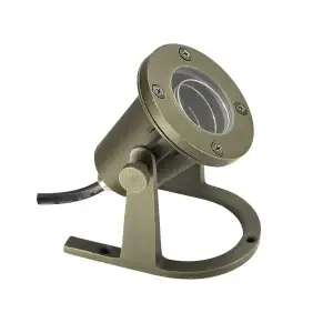 die-cast brass underwater light with bronze finish angled up with a u shaped mounting base.
