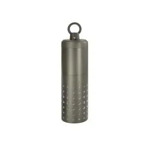 A brass pendant light with a perforated shade featuring small circular holes in a grid-like pattern.