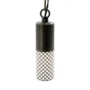 A brass pendant light with a perforated shade that creates diamond shaped holes in a pattern.