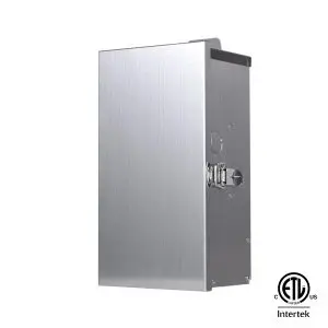 A stainless steel 300 watt transformer, shown at an angle.