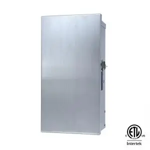 A stainless steel 300 watt WiFi multi-zone transformer, shown at an angle.