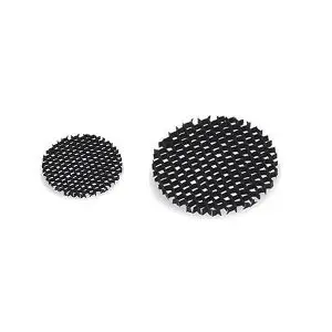 A black, die-cast aluminum, honeycomb louver lens shown in two sizes.