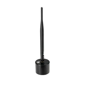 A black smart Bluetooth repeater with antenna standing straight up.