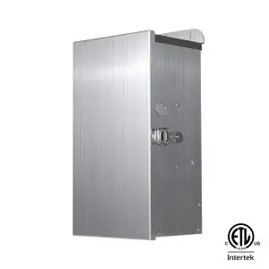 A stainless steel 600 watt transformer, shown at an angle.