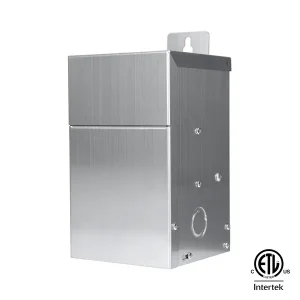 A stainless steel 75 watt transformer, shown at an angle.