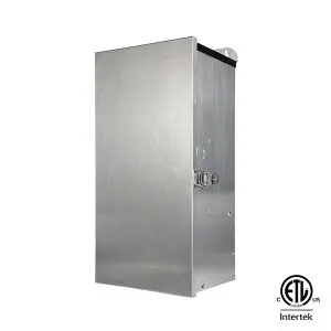 A stainless steel 900 watt transformer, shown at an angle.