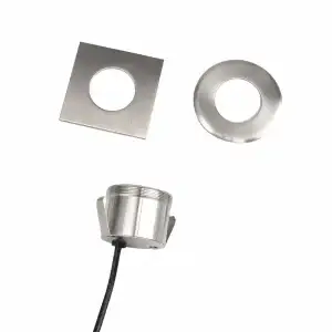 stainless steel in-ground well light with wire coming from the bottom, and a circle and round stainless steel top above the body.