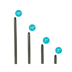 Four heavy-duty, die-cast brass riser extensions, finished in bronze, shown at various lengths side by side.