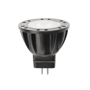 a black aluminum MR11 lamp with clear lens on top and 2 prongs on the bottom.