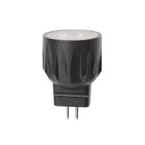 a black aluminum MR8 lamp with clear lens on top and 2 prongs on the bottom.