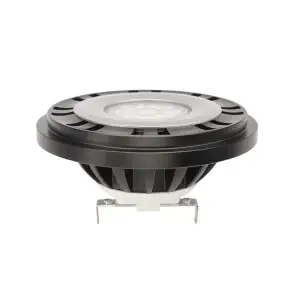 black aluminum PAR36 Lamp facing up with clear lens and mental prongs on the bottom.