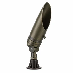 die-cast brass down light with long shroud and bronze finish on a base.